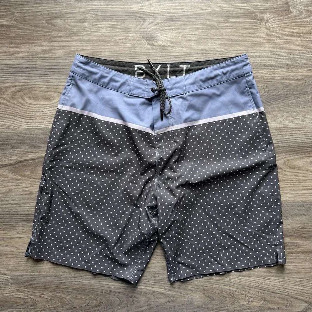 BYLT Coastal Board Shorts Blue‎ Black Dot Lightweight Pockets Swim Mens L